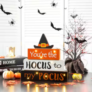 Glitzhome 11.54 in. H Halloween Wooden Lighted Witch/Word Block Table Decor